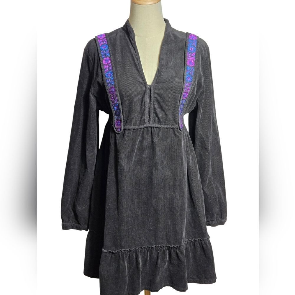 Black Corduroy Embroidered Cottage Mini Milkmaid Vintage Dress